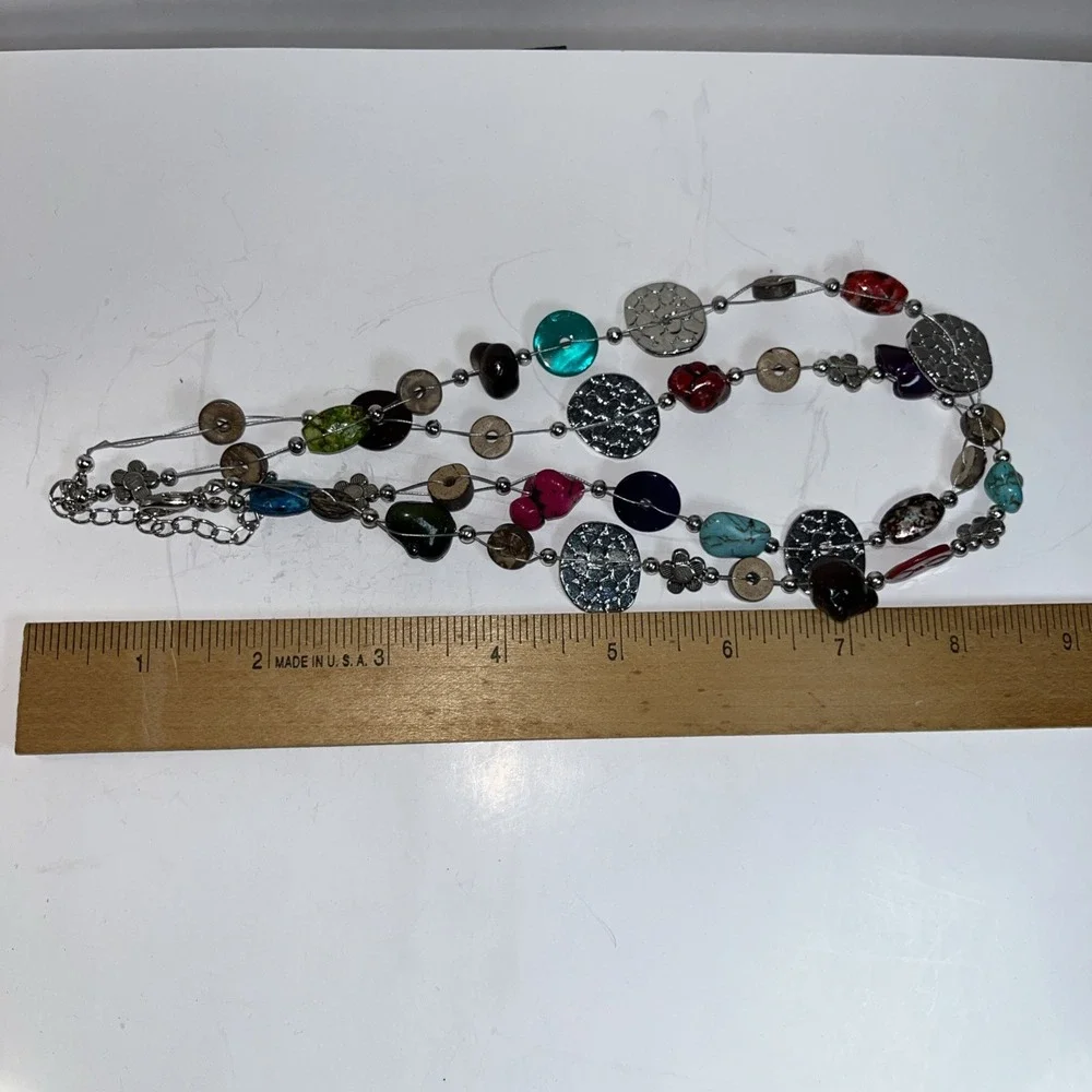 Necklace Multicolored Stones Wood Silver Two Strand Bohemian Textured Ethnic